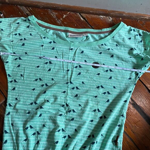 Naketano Bird Stripe Green Short Sleeve Shirt, Italian Blouse, Size Small - Picture 10 of 11